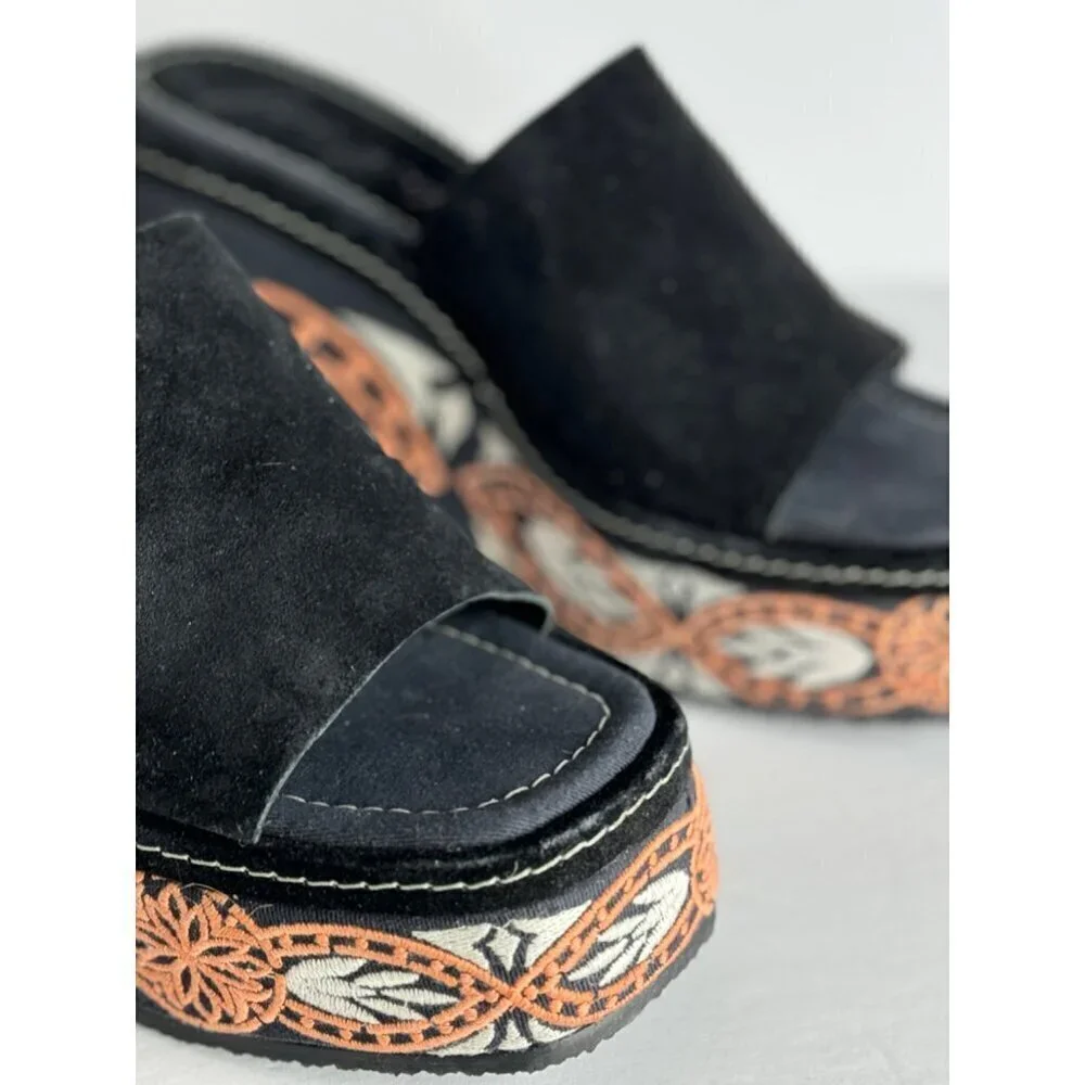 Free People Black Embroidered Tomorrow Wedge Platform Mules Size 37 US 6.5 NEW - Picture 3 of 8